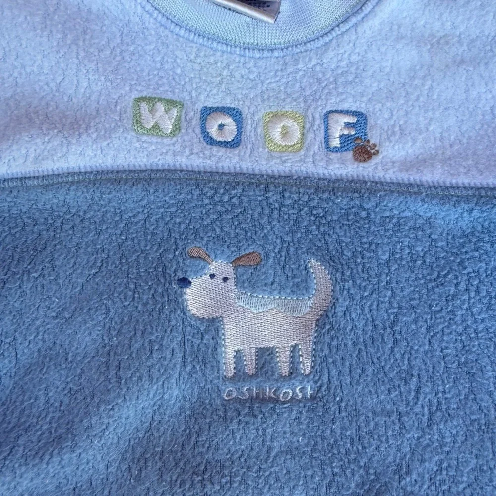 Vtg OshKosh Baby Boy Blue Fleece Dog Woof Sleepsuit Romper 3-6‎ Months 12-16 lbs